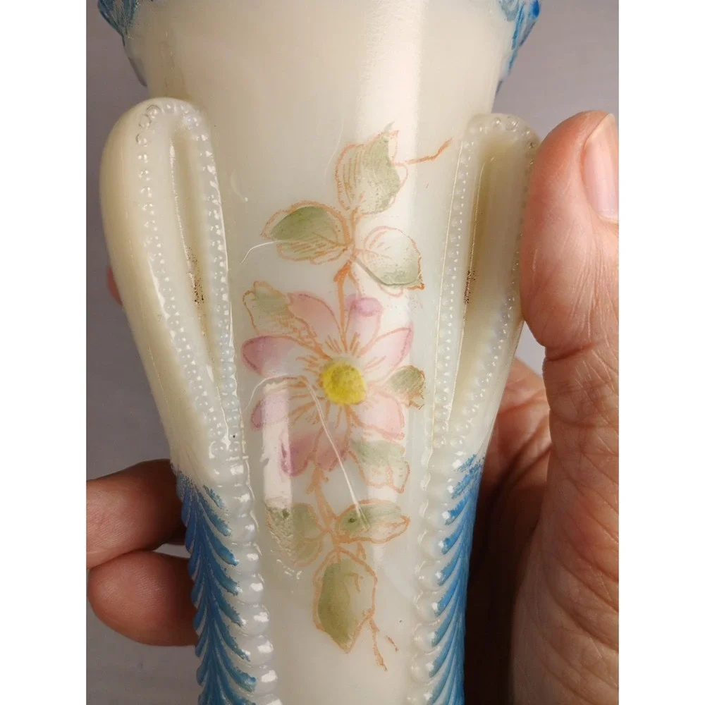 Glass Vase On Petal Feet Victorian Decorated USA Vermont Pattern, 6.5